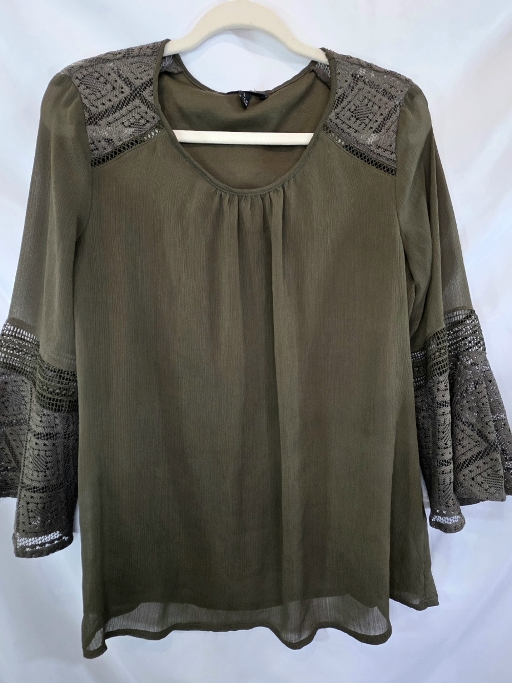 ALYX Woman's Boho Cottagecore Peplum Fairy Bell Sleeve Lace Green Blouse Size L
